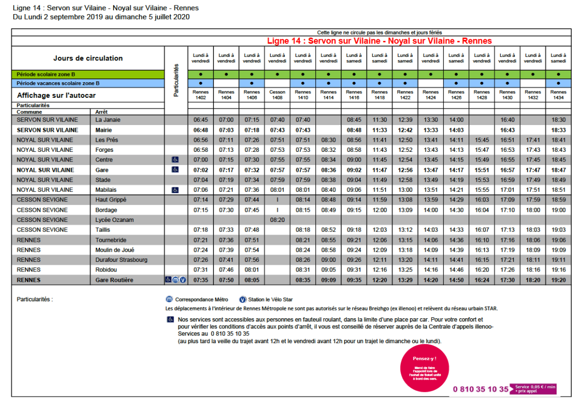 Horaires de la ligne de bus de Servon sur Vilaine